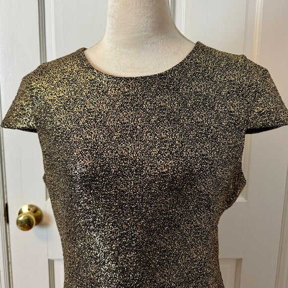 Michael Kors Metallic Black & Gold Flounce Hem Cap Sleeve Fit & Flare Dress, L - Picture 4 of 9